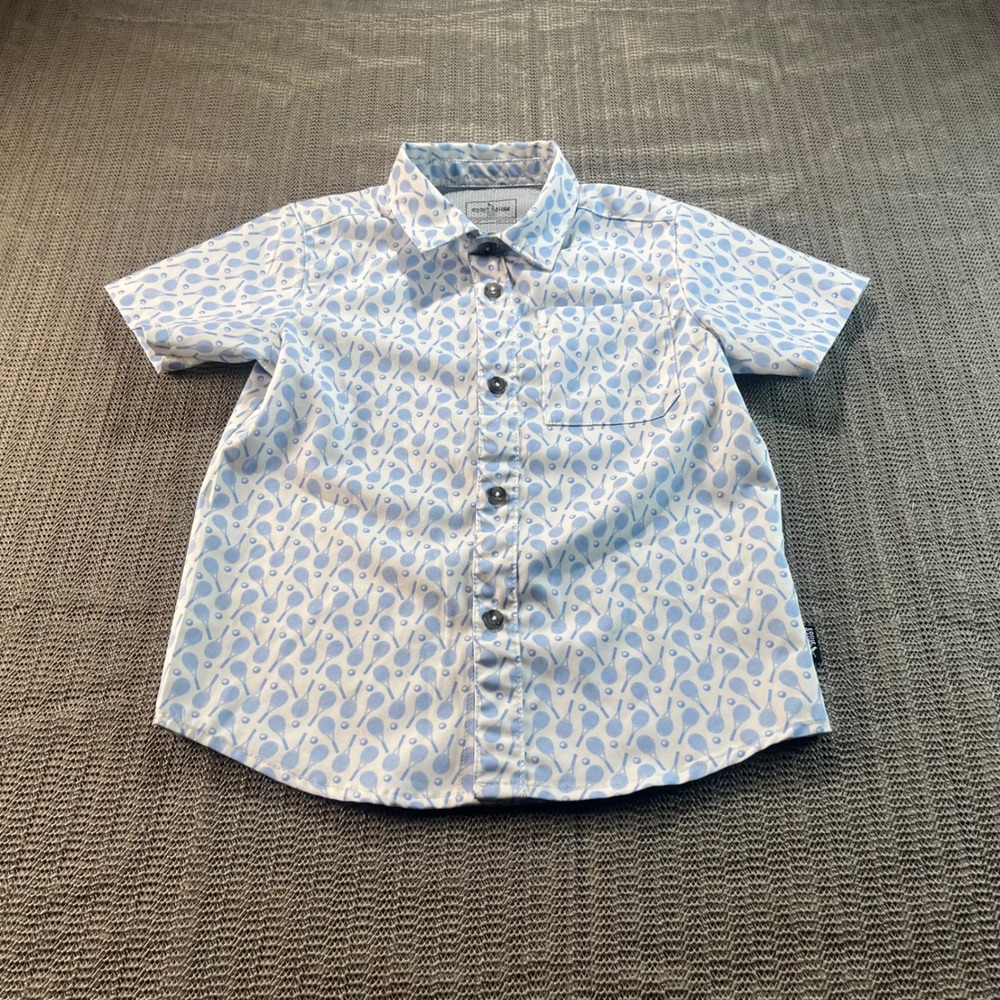 Eddie Bauer Kids Boys 4T Tennis Racket Print Short Sleeve Button Down Shirt Blue